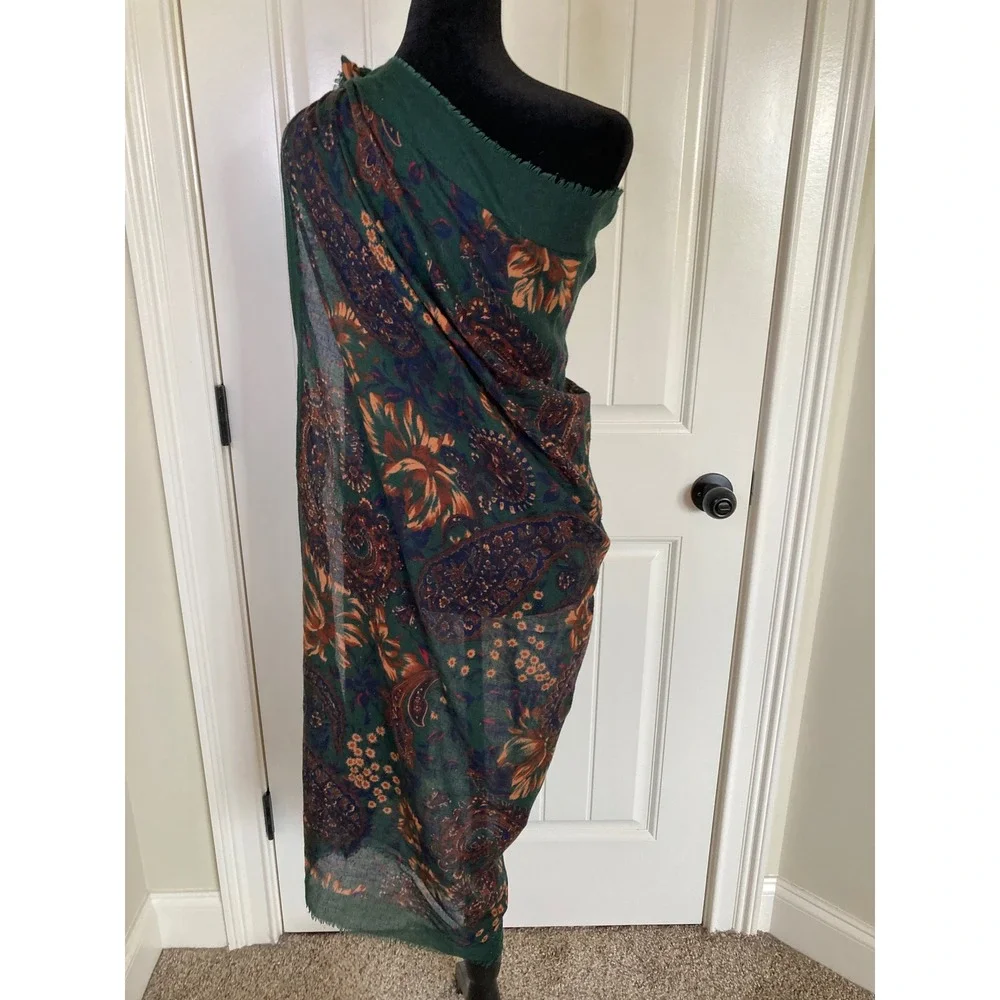 Vintage Style Made in Italy Green Floral Paisley Print Fringe‎ Wrap Scarf Shawl - Picture 4 of 8